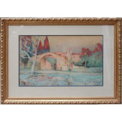 Marius HUBERT ROBERT "Chapelle d'Oppio en Provence" 1919 aquarelle 35x55